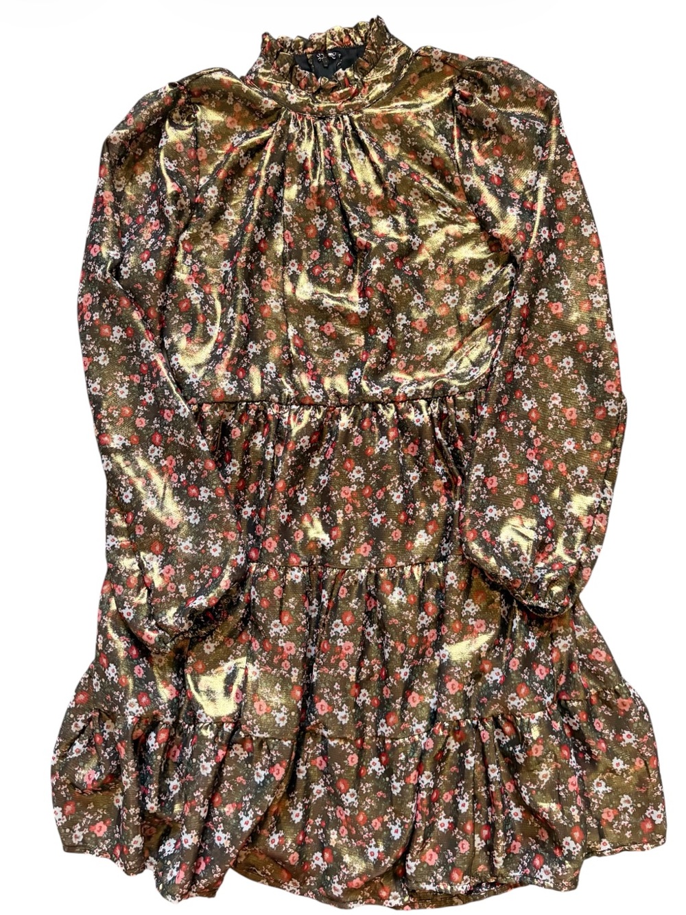 Francesca’s Trixxi Metallic Gold Floral Tiered Mini Dress S NWT